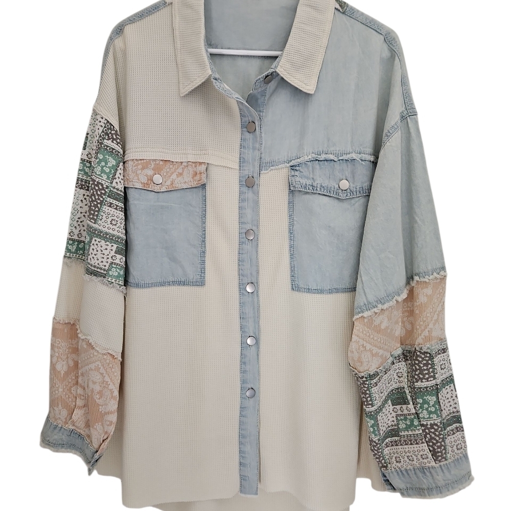 POL Patchwork Denim Shirt/Jacket Blue Ivory Sz L - Picture 2 of 12